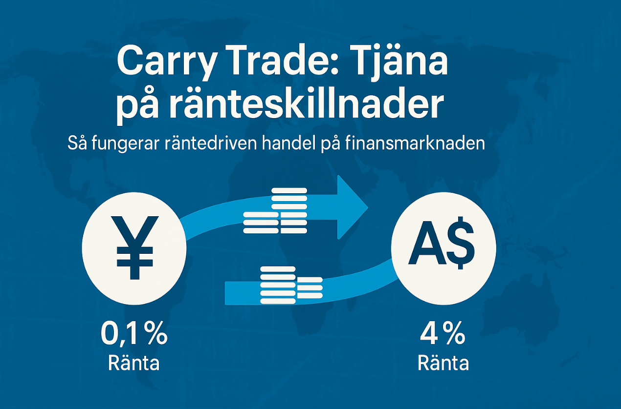 Grafisk illustration som visar carry trade med japanska yen (0,1 % ränta) och australiska dollar (4 % ränta), där pengar flödar från låg till hög ränta.